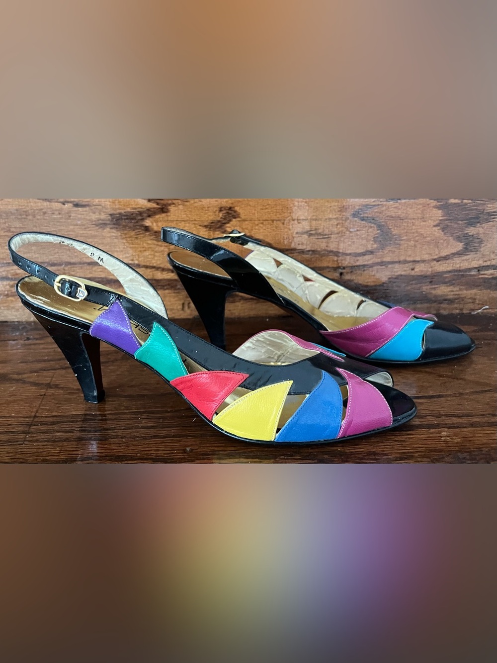 Vintage Florsheim Colorblock Slingback Heels Womens 8M Peep Toe Patent Leather 8